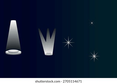 Una colección gráfica que presenta tres efectos de luz y destello distintos sobre un fondo radial azul-verde oscuro.