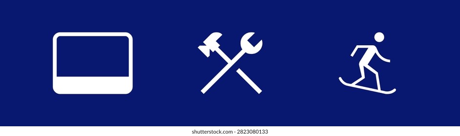 Graphic collection featuring three distinct white line icons on deep blue background including flat computer monitor shape maintenance equipment with crossed hand tools and active snowboarder figure for sports.
