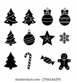 Una colección gráfica con varios íconos de Navidades de silueta negra que incluyen árboles, adornos, una estrella, copo de nieve, bastón de caramelo, caramelo y hombre de jengibre.