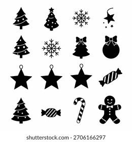 Eine grafische Kollektion mit verschiedenen schwarzen Silhouettensymbolen von Weihnachtsbäumen, Schneeflocken, Sternen, Ornamenten, Zuckerstangen und Lebkuchenmännern.