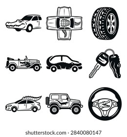 A graphic collection featuring various car styles, a tire, keys, and a steering wheel, all incorporating alligator designs.