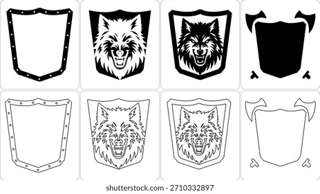 A graphic collection featuring various shield shapes and detailed wolf head designs, suitable for emblems and heraldry.