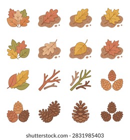 A graphic collection of flat vector icons showing soil textures, piles of autumn leaves, branches, and pinecones in warm autumn tones, isolated on a white background.