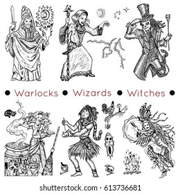 Graphic collection with hand drawn characters of warlocks, wizards and witches. Vector illustrations, doodle drawings