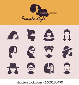 Graphic collection of icons in flat style various female styles. Different types of women. Modern design vector illustration female avatars set. Logotype for beauty shop.