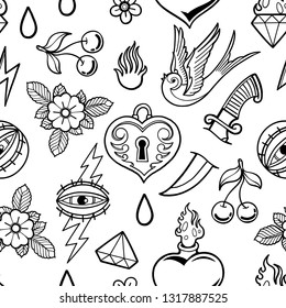 Graphic collection inspired by old school tattoo style. Vector traditional design. Coloring book page for adults and kids