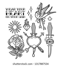 Graphic collection inspired by old school tattoo style. Vector traditional design. Coloring book page for adults and kids