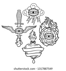 Graphic collection inspired by old school tattoo style. Vector traditional design. Coloring book page for adults and kids