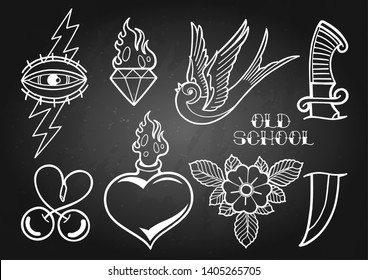 Graphic collection inspired by old school tattoo style. Vector traditional design