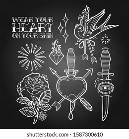 Graphic collection inspired by old school tattoo style. Vector traditional design