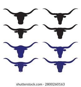 Graphic collection of longhorn steer head silhouettes isolated on white background featuring distinct curved horns ideal for farm signage or livestock branding.