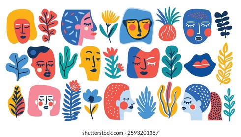 Graphic collection in Matisse style. Vector illustration with design elements faces and florals.
