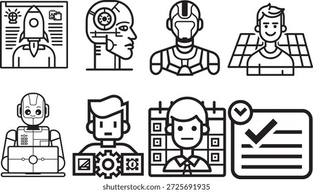 Graphic collection of modern technology characters space exploration renewable energy and office organization themes