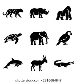 A graphic collection of nine black silhouettes featuring various wild animals including mammals, reptiles, and birds, designed as minimalist icons for projects.