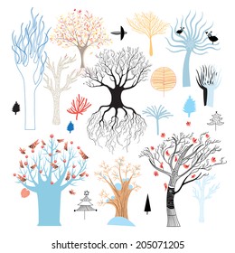 Graphic collection of trees on a white background. Vector illustration 
