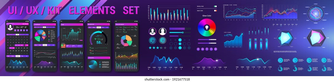 Graphic collection UI, UX, KIT elements for Web, App, GUI with statistics graphs, finance charts, diagrams, pie chart and infographic with Mobile Phone Application. UI graphic elements. Vector set