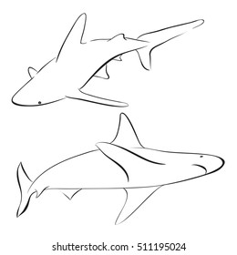 Graphic collection of vector sharks drawn in line art style. Sea and ocean predator. Coloring book