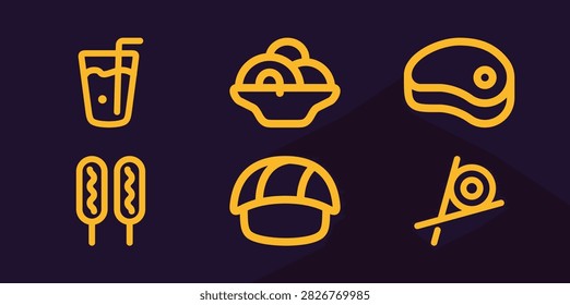 Graphic collection of yellow linear icons displaying a cold drink, noodles, steak, corn dogs, and sushi rolls with chopsticks. Versatile vector illustrations suitable for fast food marketing, restaurant menus, and mobile application interfaces.