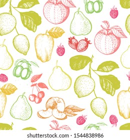 Graphic color fruit pattern. Fruits. Lemon, pear, apple, peach, raspberry, cherry, strawberry. Vector illustration. Manual graphics.