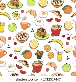 Graphic color pattern of breakfast illustrations. Delicious breakfast food. Graphic product sketches for your print projects. Vector illustration. Suitable for decorating various surfaces.