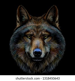 Graphic color portrait of a wolf's head on a black background.