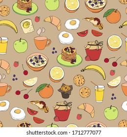 Graphic color seamless of breakfast illustrations. Delicious breakfast food. Graphic product sketches for your print projects. Vector illustration. Suitable for decorating various surfaces.