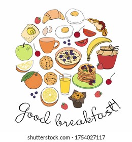 Graphic color set of breakfast print. Delicious breakfast food. Graphic product sketches for your print projects. Vector illustration. Manual graphics.  