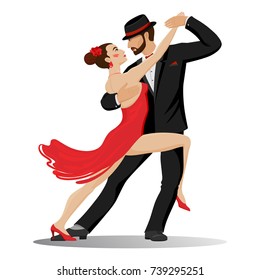 Graphic color set, where a passionate couple in love, cartoon man and woman, dance tango. Luxury vector illustration, isolated on white background.