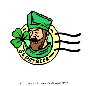 Graphic color stamp, with the image of Saint Patrick, with a clover leaf and in a green outfit. The drawing is based on the main image of the cultural and religious national Irish holiday