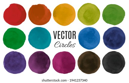 Graphic Colored Circl. Brush Stroke Dots Elements. Isolated Drops Splatter. Vector Colored Circl. Ink Splash Texture. Watercolor Rounds on Paper. Art Stains Set. Hand Paint Colored Circl.