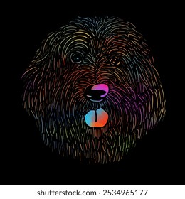 Graphic colored dog head on black background. Graphic design on a t-shirt. hand drawing. Not AI, Vector illustration