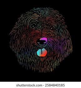 Graphic colored dog head on black background. Graphic design on a t-shirt. hand drawing. Not AI, Vector illustration