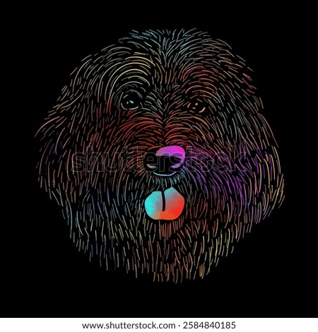 Graphic colored dog head on black background. Graphic design on a t-shirt. hand drawing. Not AI, Vector illustration