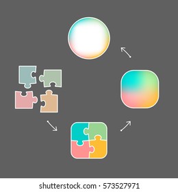 Graphic colored figures symbolizing cycle problem solving from gathering pieces to wholeness unity  and arrows grey background  vector illustration