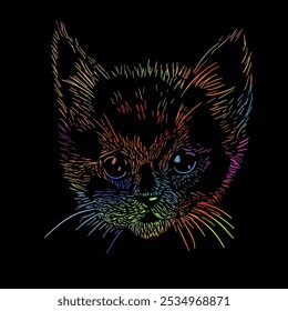 Cabeza de gatito de color gráfico sobre fondo negro. Diseño gráfico en una camiseta. dibujo a mano. No IA, Ilustración vectorial