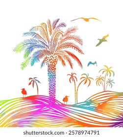 Graphic colored palm tree with seagulls. hand drawn. Not AI, Vector illustration.