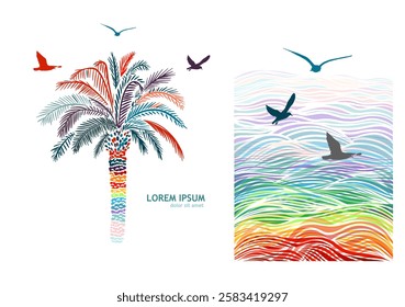 Graphic colored palm tree with seagulls. hand drawn. Not AI, Vector illustration.