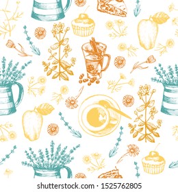 Graphic colored seamless with herbal tea and herbs. Vector illustration. Seamless pattern for decorating various surfaces. Manual graphics.