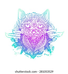 Graphic colored vector cat. Illustration for design of t-shirts, mugs, pens, logos and other things.