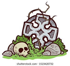 Graphic colorful cartoon image of a wreckage. Stone cross in a circle. On the grass with a skull. Isolated on a white background. Vector illustration.