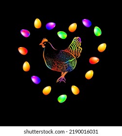 Objeto gráfico de pollo colorido. Ilustración vectorial. etiqueta, pegatina para las granjas y fabricación que representa la lista. para el producto de pollo. Huevos multicolores. Tarjeta de Pascua. Pintura de granja.