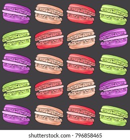 graphic colorful food pattern with macarons. vector illustration