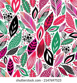 Graphic colorful leaves. Botanical pattern, wallpaper, fabric vector illustration design