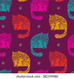 Graphic colorful seamless pattern with linear cats, doodle kittens and hand drawn home animals, balls of yarn on purple isolated background in vector. Illustration of nature, animal planet, wildlife