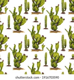 graphic colorful, sketch, vector illustration, drawing of a cactus, side view, seamless pattern