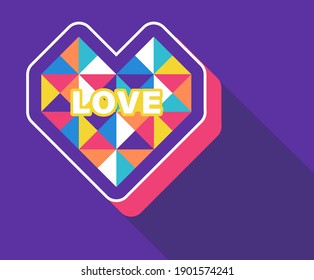 Graphic colorful triangle in heart shape with text love for decoration