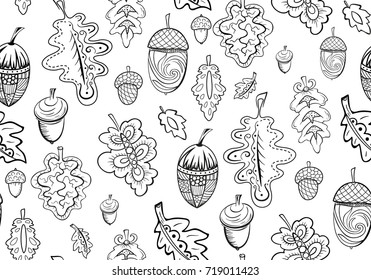 Graphic coloring page with leafs and acorn. Autumn vector seamless