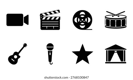 A graphic compilation of black silhouette icons representing various forms of entertainment and performance, including a video camera, clapperboard, film reel, drum kit, guitar, microphone, star, and theater stage. Ideal for media, arts, and creative industry concepts.