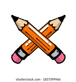 Graphic composition featuring two vivid orange pencils paired with an eraser. This vector art, outlined in black, stands out on a white backdrop. Ideal for educational materials or design projects