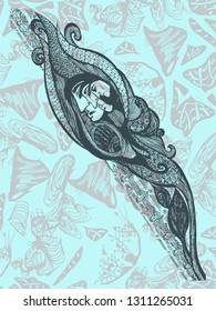 graphic composition with a flower and female faces. Hand-drawn vector illustration.